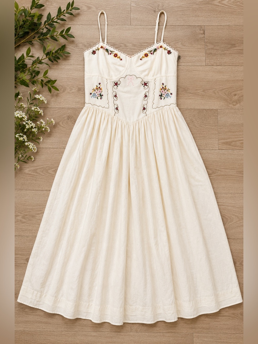 New Camila Coelho Embroidered Linen Blend Midi Dress Ivory Cottagecore Large - Picture 4 of 12